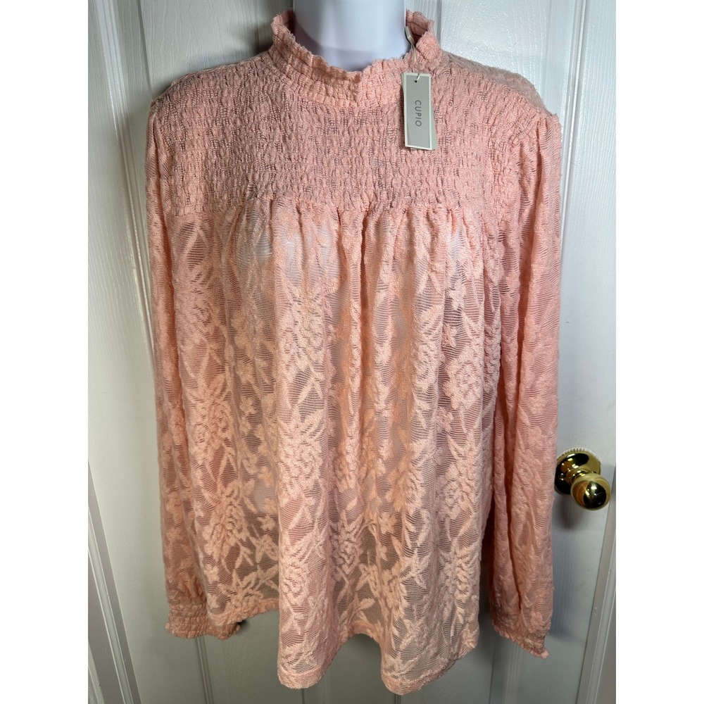 NWT! Cupio Smocked Mock Neck Lace Blouse Long Sleeve Peach Pink Top Size Large